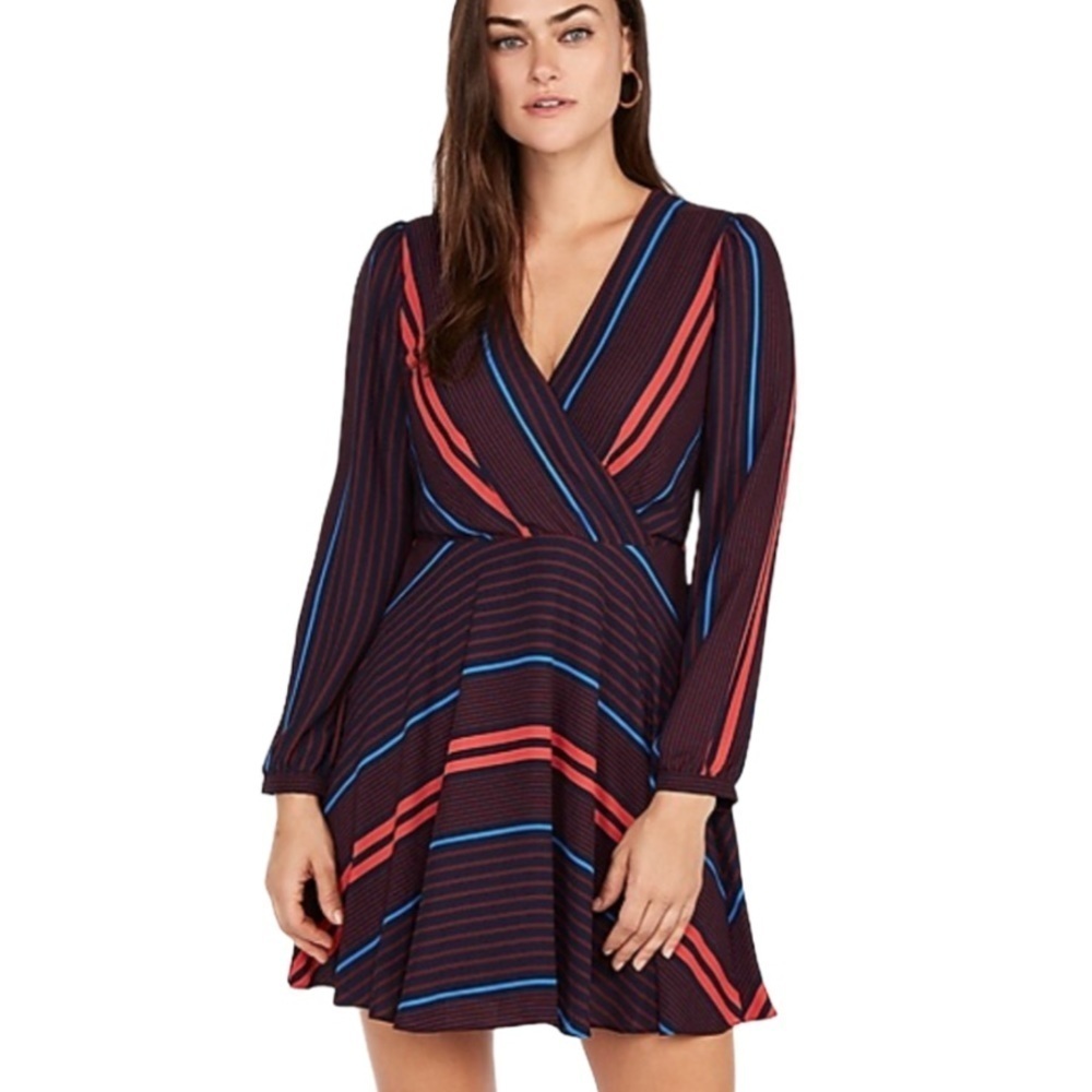 Express striped surplice fit and flare dress xs